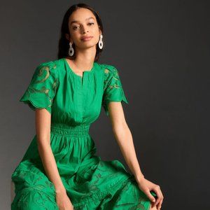 Anthropologie Somerset Cutwork Maxi Dress Kelly Green Tiered Lace Size Med NEW